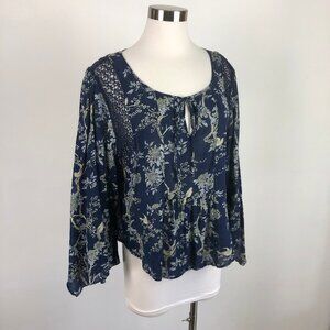 Denim and Supply Ralph Lauren Bird Print Blouse Top Wide Kimono Sleeve Crochet M